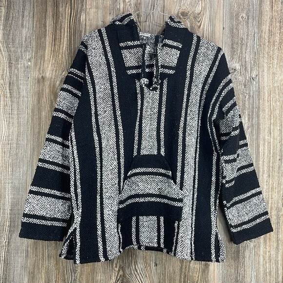 Mexican Baja Hoodie Sweatshirt Adult Men's Size Large Black Gray Pockets - Picture 1 of 6